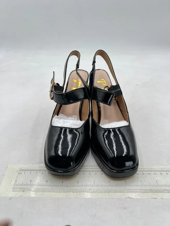 FYS Black Platform Square Toe Pumps Chunky High Heel Mary Janes Slingback Shoes - Picture 3 of 8